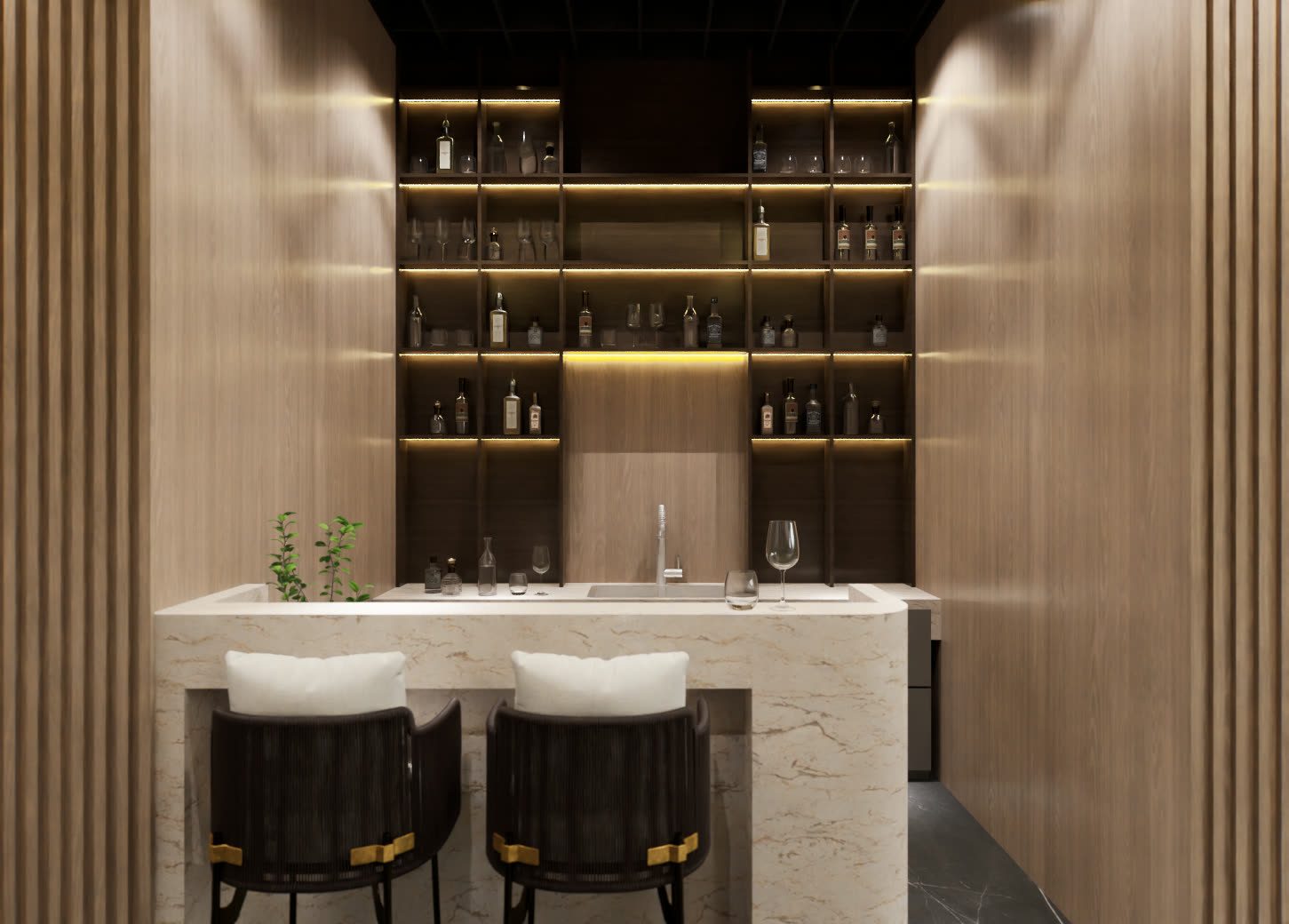 Private bar with wood panelling and warm lighting, 3D render