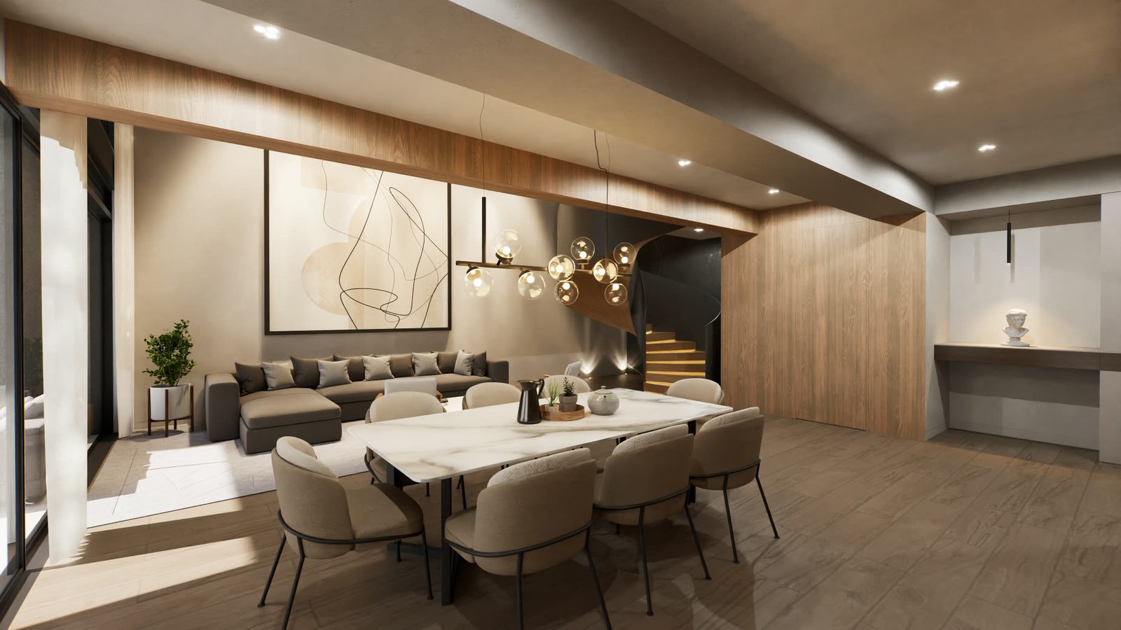 Apartment dining room with wood finishes and a spiral staircase, 3D render