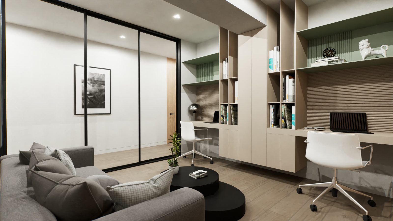 Home study with a desk and bookshelves in an apartment, 3D render