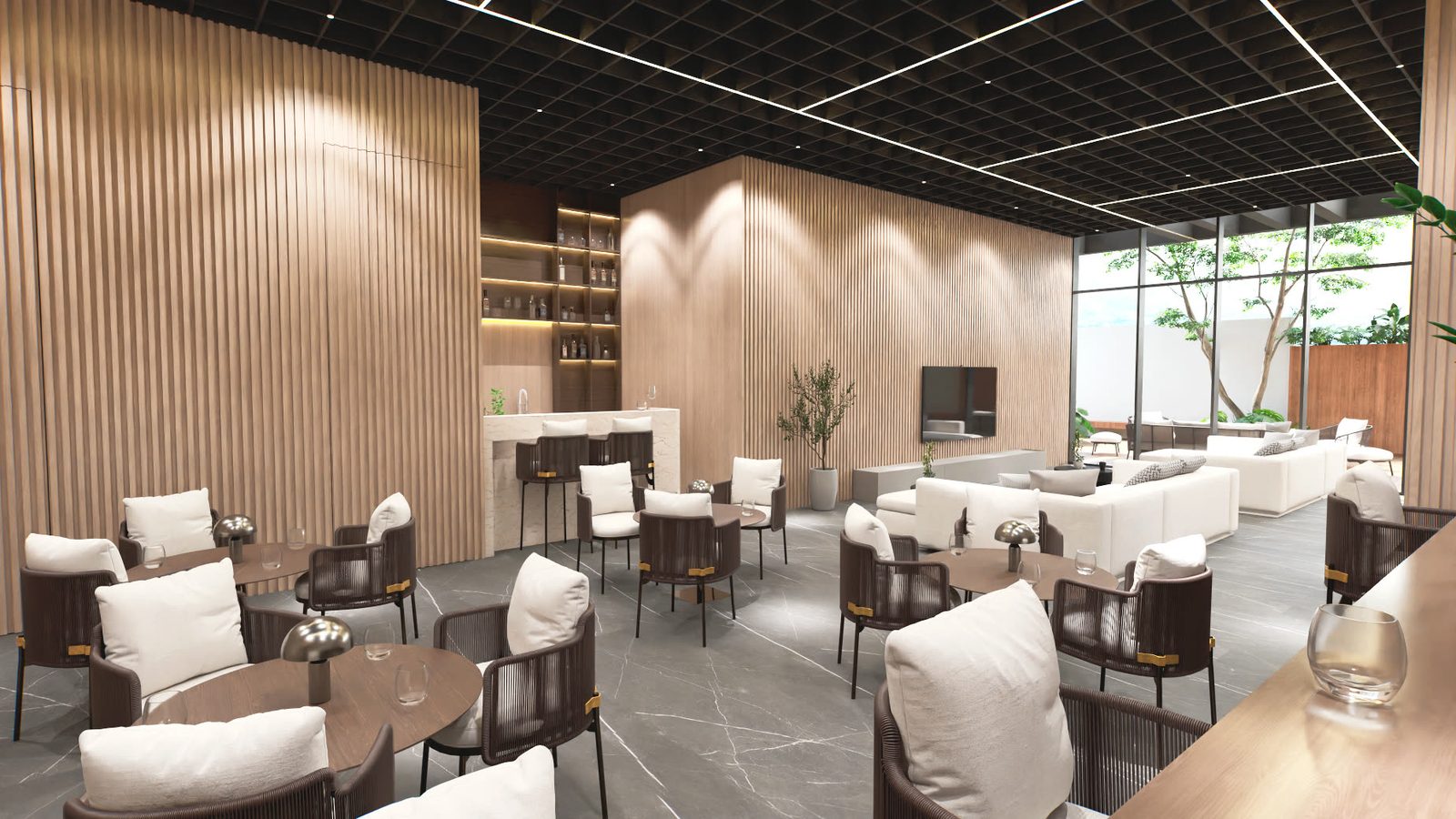 Large social lounge of a project with a bar area and terrace, 3D render