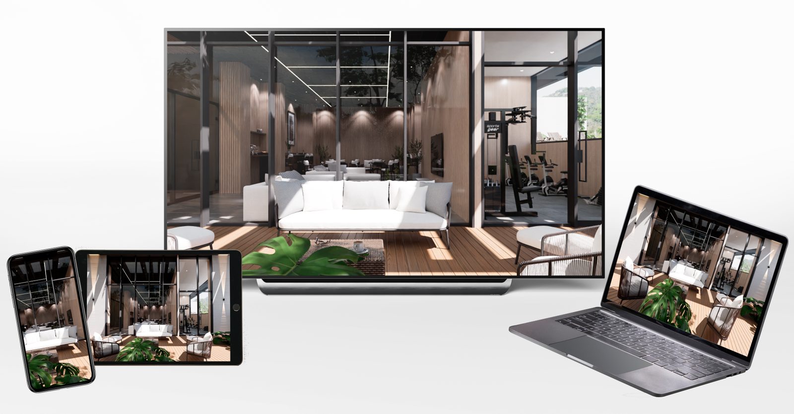 The same 3D real estate project seen on a phone, tablet, TV and laptop
