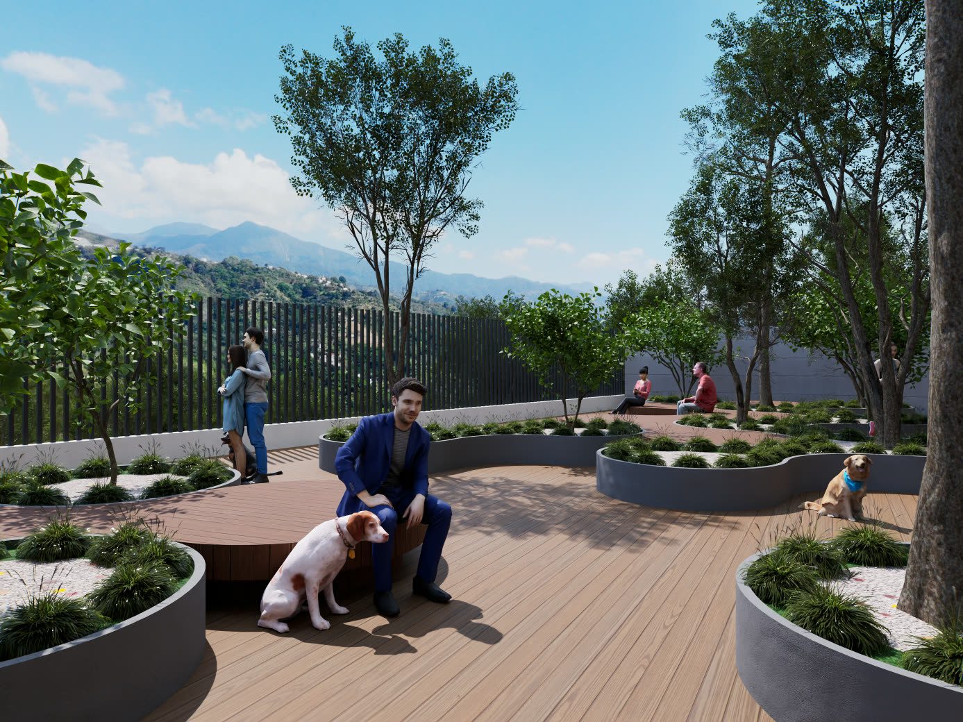 Social terrace of a residential project with mountain views, 3D render