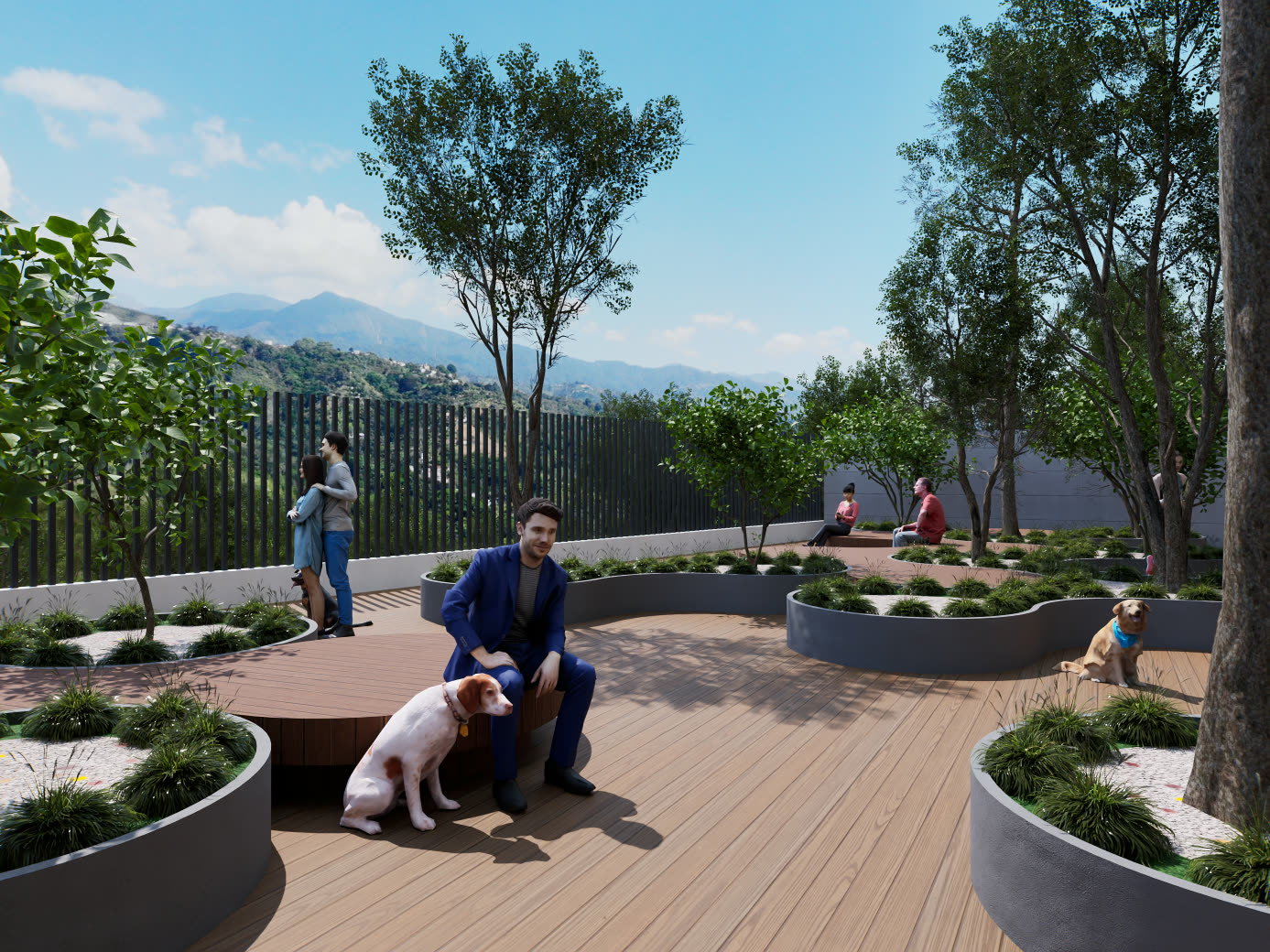 Rooftop terrace with a mountain view in a residential project modeled in 3D, with a pet area